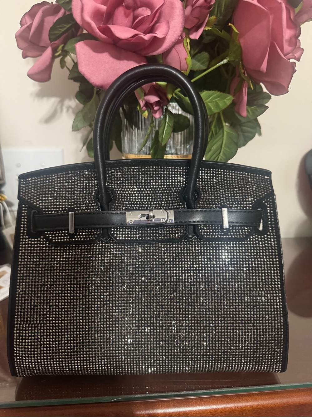 Black Crystal-Embellished Women’s Handbag